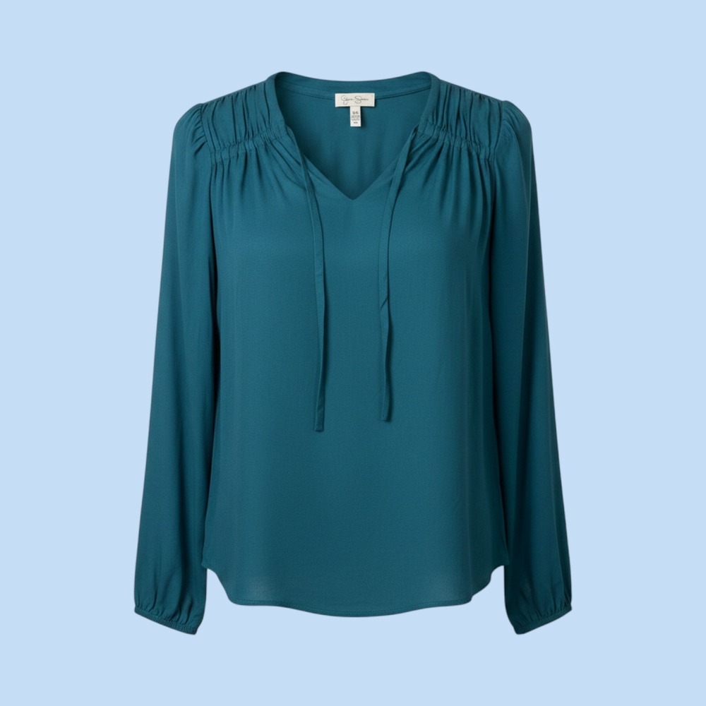 Jessica Simpson Leslie Boho Tunic Blouse Corsair Blue V-Neck Smocked XS